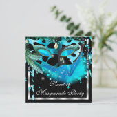 Invitation Masquerade Sweet 16 Turquoise Masque de plumes noi (Debout devant)