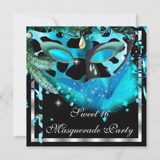 Invitation Masquerade Sweet 16 Turquoise Masque de plumes noi (Devant)