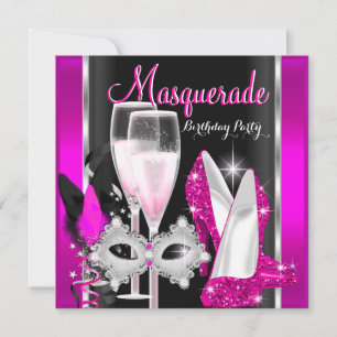 Invitation Masquerade Talons Hauts Rose Noir Champagne Party 
