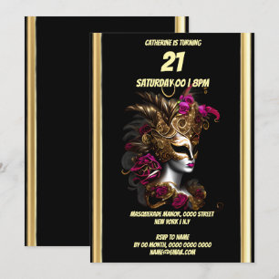 Invitation Masquerade thème carnaval fuchsia masque or masqué