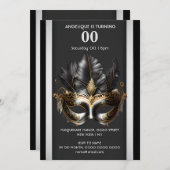 Invitation Masquerade thème carnaval noir argent mas (Devant / Derrière)