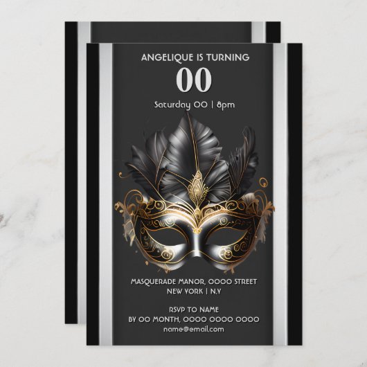 Invitation Masquerade thème carnaval noir argent mas (Devant / Derrière)