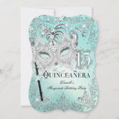 Invitation Masquerade Turquoise Argent pour Quince (Devant)