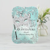 Invitation Masquerade Turquoise Argent pour Quince (Debout devant)