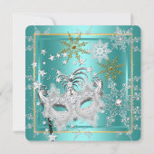 Invitation Masquerade Turquoise Blue Gold Snowflake Silver Ma (Dos)