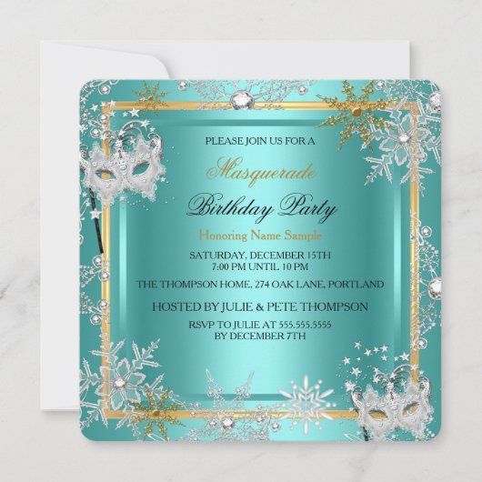 Invitation Masquerade Turquoise Blue Gold Snowflake Silver Ma (Devant)