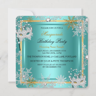 Invitation Masquerade Turquoise Blue Gold Snowflake Silver Ma