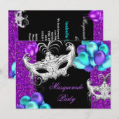Invitation Masquerade Violet Bleu Turquoise Paillettes Fête (Devant / Derrière)