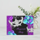 Invitation Masquerade Violet Bleu Turquoise Paillettes Fête (Debout devant)