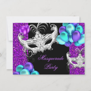 Invitation Masquerade Violet Bleu Turquoise Paillettes Fête