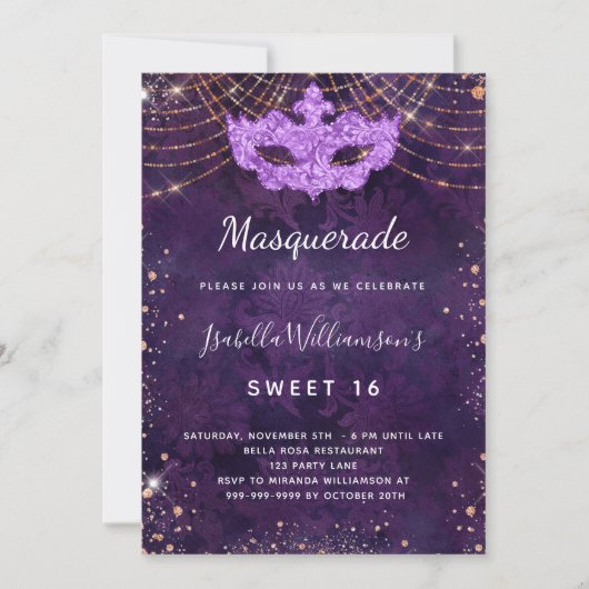 Invitation Masquerade violet or rose Sweet 16 parti (Devant)