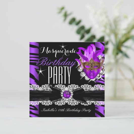 Invitation Masquerade Zebra violet fête d'anniversaire (Debout devant)