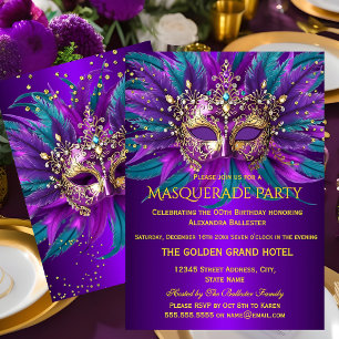 Invitation Masques bleus sarcelle violets Fête d'anniversaire