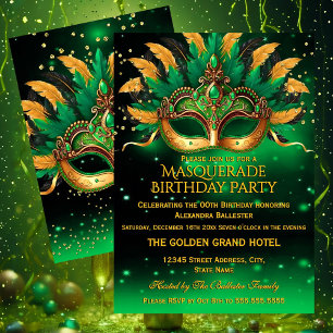 Invitation Masques de fête d'anniversaire en vert émeraude et
