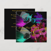 Invitation Masques de fête d'anniversaire sarcelle rose or (Devant / Derrière)