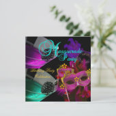 Invitation Masques de fête d'anniversaire sarcelle rose or (Debout devant)