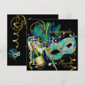Invitation Masques de fête masquée Noir Or Sarcelle (Devant / Derrière)