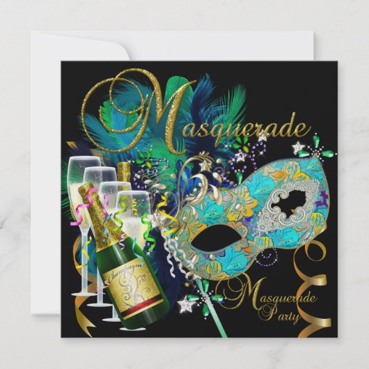 Invitation Masques de fête masquée Noir Or Sarcelle (Devant)