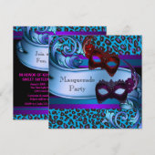 Invitation Masques de léopard sarcelle violet Douce 16e Masca (Devant / Derrière)