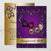 Invitation Masques de Mardi Gras violets Soirée Mascarade (Devant / Derrière)