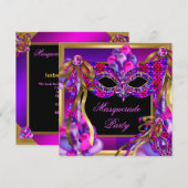 Invitation Masques de Mascarade Rose Violet Bleu Vert Anniver (Devant / Derrière)
