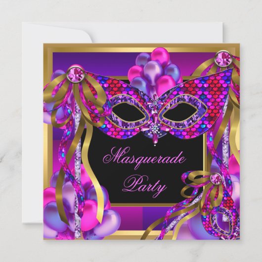 Invitation Masques de Mascarade Rose Violet Bleu Vert Anniver (Devant)