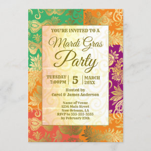 Invitation Masques masqués en or Mardi Gras vert violet