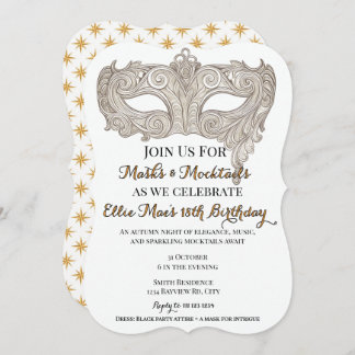 Invitation Masques & Mocktails Gold Masquerade Anniversaire