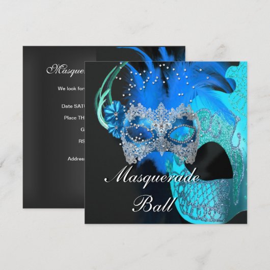 Invitation Masques Noirs Bleu Sarcelle Bal Masqué Fête (Devant / Derrière)