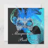 Invitation Masques Noirs Bleu Sarcelle Bal Masqué Fête (Devant)