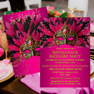 Invitation Masques Or Noir Rose Fête de Mascarade Anniversair