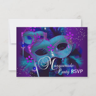 Invitation Masques turquoises et violets Masquerade Party RSV
