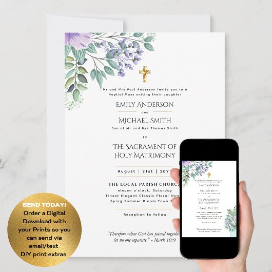 Invitation Masse nuptiale violette florale Mariage catholique