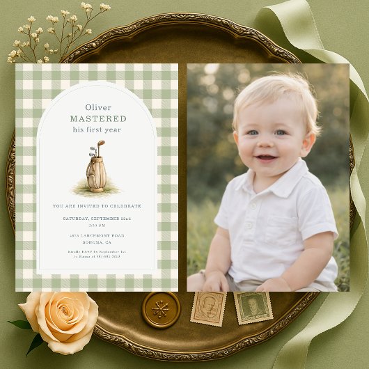 Invitation Mastered 1st Year Gingham Photo Birthday