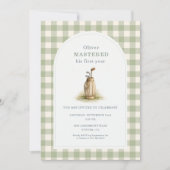Invitation Mastered 1st Year Sage Green Gingham Birthday (Devant)
