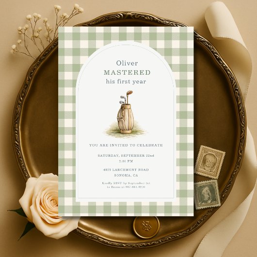 Invitation Mastered 1st Year Sage Green Gingham Birthday