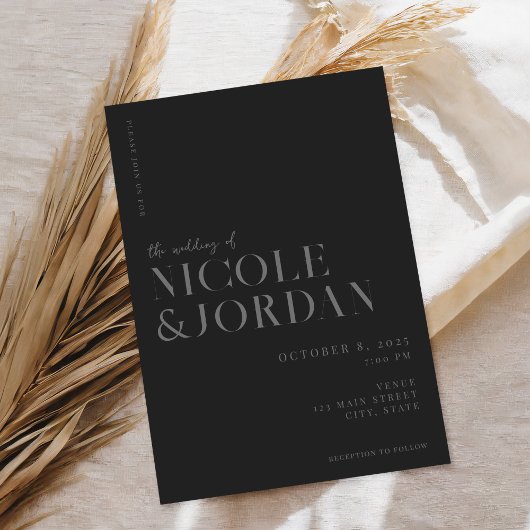 Invitation Mat moderne Noir Simple Mariage chic