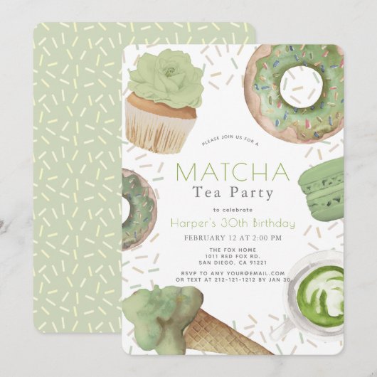 Invitation Matcha Sweets Green Tea Party Adulte Anniversaire (Devant / Derrière)