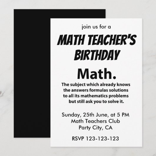 Invitation Math Typographie Anniversaire des professeurs de m (Devant / Derrière)