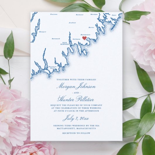 Invitation Mattapoisett MA Map Elegant Navy Blue Wedding