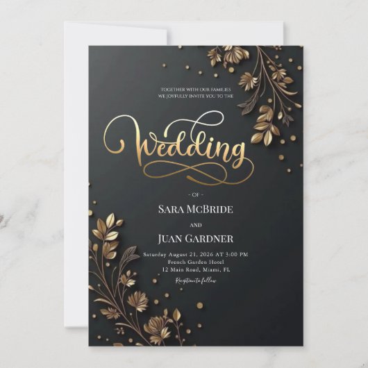 Invitation Matte Black & 3D Gold Leaf Botanical Motifs (Devant)