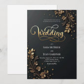 Invitation Matte Black & 3D Gold Leaf Botanical Motifs (Devant / Derrière)