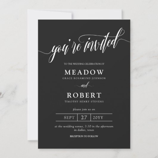 Invitation Matte Black Typographie Informel 2 en 1 Mariage (Devant)