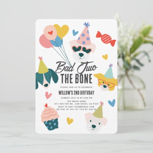 Invitation Mauvais deux chiens os Ballons 2e anniversaire (Debout devant)