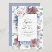 Invitation Mauve and Dusty Blue Flowers Elegant Baptism (Devant / Derrière)
