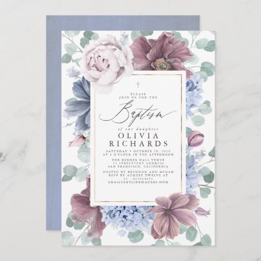 Invitation Mauve and Dusty Blue Flowers Elegant Baptism (Devant / Derrière)