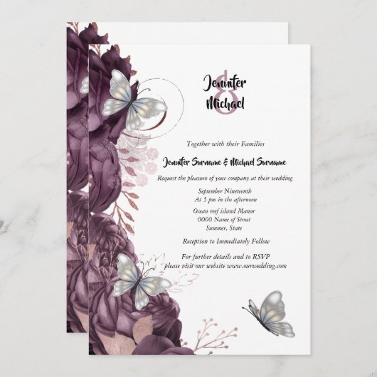 Invitation Mauve argent rose papillon chic mariage élégant (Devant / Derrière)