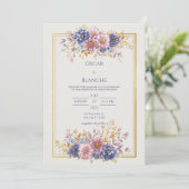 Invitation Mauve Blue Botanical Gold Frame Wedding (Debout devant)