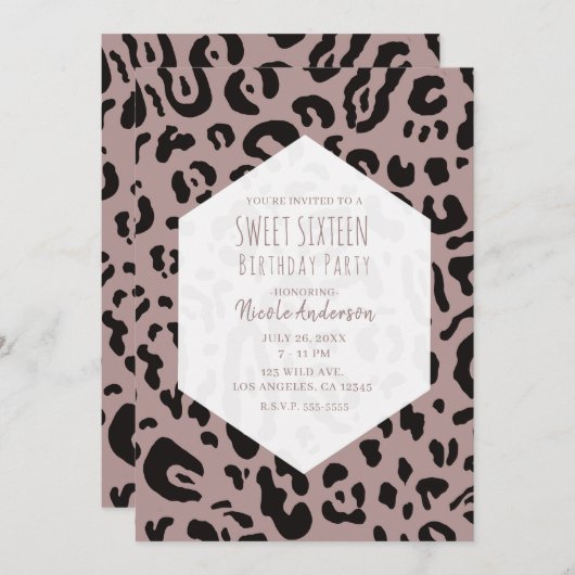 Invitation Mauve Blush Pink Cheetah Leopard Sweet 16 Fête En (Devant / Derrière)