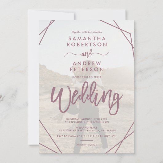 Invitation Mauve cadre boho simple script photo mariage (Devant)